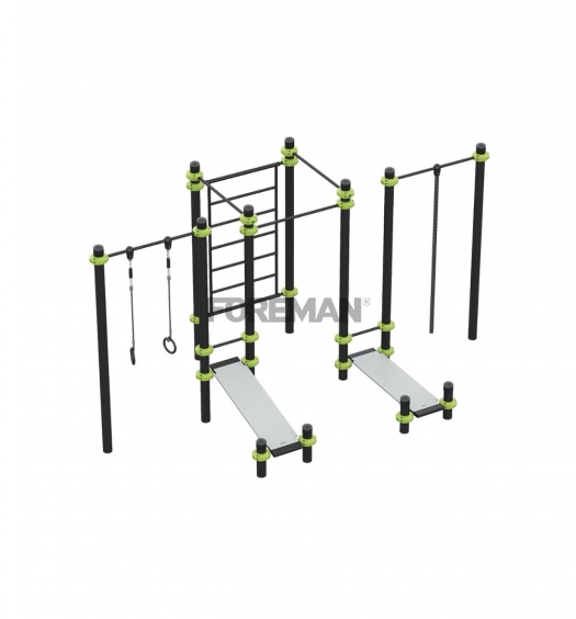 FY-3402.12 — уличный комплекс FOREMAN из 3 турников, 2 скамей для пресса, колец, каната и шведской стенки